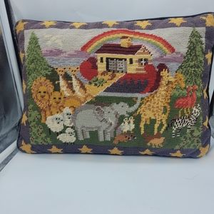 Vintage Noah's Ark pillow multicolored front navy blue back unbranded 15inx10in
